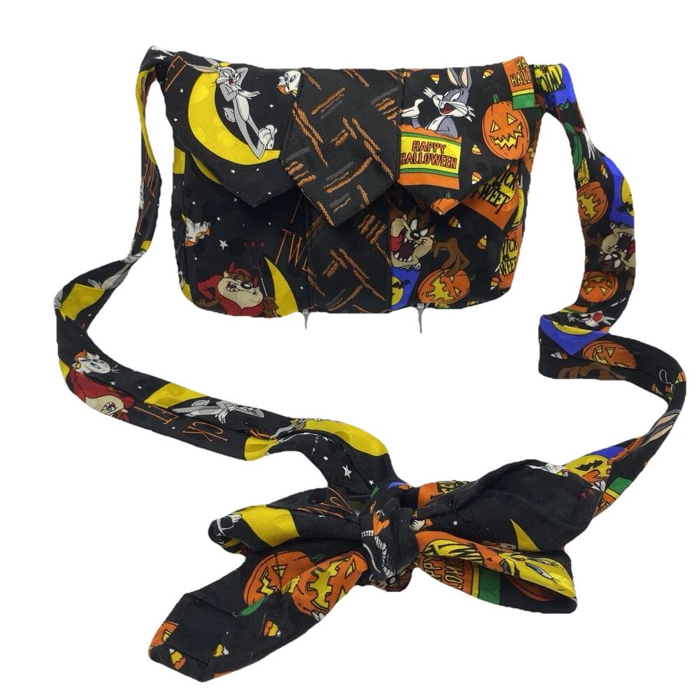 Vintage 90s Looney Tunes Halloween Trick or Treat Silk Tie Bag Purse Upcycled